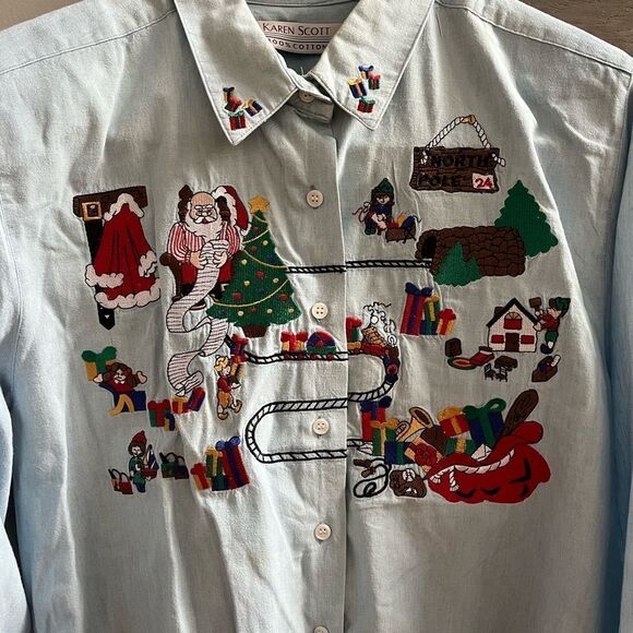 Vintage Karen Scott Santa Train Embroidered Chambray Button Down Shirt sz XL - Picture 2 of 7